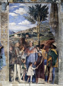 L. Gonzaga, zijn zonen Kardinaal Francesco Gonzaga, Federico I Gonzaga, Francesco, Sigismondo, rechts, Heilige Roomse Keizer Frederik III, Christiaan I van Denemarken, Ontmoetingsmuur (detail) door Andrea Mantegna