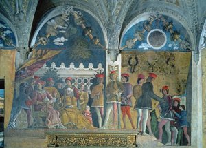 Markies Ludovico Gonzaga III, zijn vrouw Barbara van Brandenburg, hun kinderen, hovelingen en hun hond Rubino, uit de Camera degli Sposi of Camera Picta, 1465-74 door Andrea Mantegna