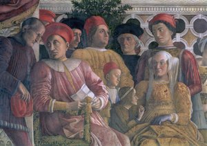 Marchese Ludovico Gonzaga III van Mantua, zijn vrouw Barbara van Brandenburg, kinderen en hovelingen (detail) door Andrea Mantegna