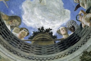 Occulus van het plafond van het Huis van Echtgenoten, Hertogelijk Paleis van Mantua, Italië (Camera degli Sposi, Palazzo Ducale, Mantova): detail van allegorische figuren en putti. Fresco door Andrea Mantegna (1431-1506)