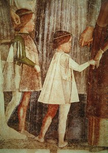 De aankomst van kardinaal Francesco Gonzaga, begroet door zijn vader Marchese Ludovico Gonzaga III en zijn broers, detail van de Gonzague kinderen, ca. 1465-74 (detail)