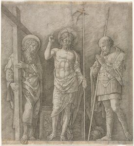 De Verrezen Christus tussen Sint Andreas en Longinus door Andrea Mantegna