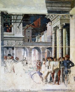 Transport van het onthoofde lichaam van Sint Christoffel, detail uit Martelaarschap van Sint Christoffel door Andrea Mantegna