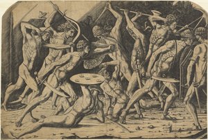 Slag van Naakte Mannen door Andrea Mantegna or School after Antonio del Pollaiuolo
