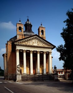 Zicht op tempietto (of St Graziano kerk) door Andrea Palladio