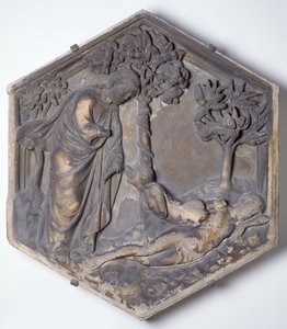 De schepping van Eva, zeshoekige decoratieve reliëftegel uit een serie die episodes uit Genesis illustreert, mogelijk gebaseerd op ontwerpen van Giotto (ca. 1266-1337) ca. 1334-48