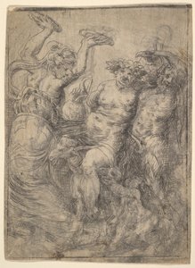 Bacchische revel met Silenus die een geit berijdt in het midden, ca. 1540-43 door Andrea Schiavone