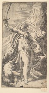 Judith met haar zwaard geheven in haar rechterhand, het hoofd van Holofernes plaatsend in de zak door Andrea Schiavone