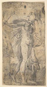Mercurius staande met een caduceus in zijn rechterhand, een lier in zijn linkerhand