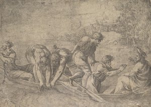 Het Wonderbaarlijke Vangst van de Vissen, Christus rechts vergezeld door apostelen door Andrea Schiavone
