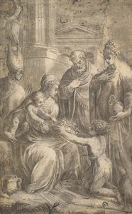 Verschillende heiligen die Johannes de Doper hulde zien brengen aan het Christuskind
