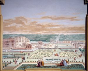 Perspectieftekening van een villa en imaginaire tuin, fresco door Andrea Urbani (1711-1798) in Villa Pisani, Stra, Veneto, Italië door Andrea Urbani