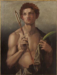 Sint Sebastiaan met een pijl in zijn rechterhand en de martelaarspalm in zijn linkerhand