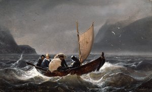 Kunstenaars in stormachtig weer in Sognefjorden