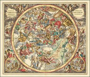 1660 hemelkaart die de sterrenbeelden weergeeft volgens de christelijke symboliek
