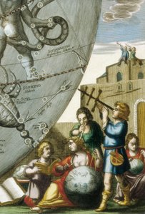 Wetenschappers (astrologen en astronomen) bestuderen globes en de hemelkaart, detail uit Atlas Coelestis seu Harmonia Macrocosmica door Andreas Cellarius (1596-1665) door Andreas Cellarius