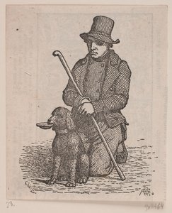 Knielende bedelaar met poedel
