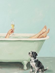 Hond met champagne tijdens het baden