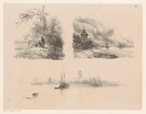 Figuren in een bos, een rivier langs bergachtige kust en boten op het water door Andreas Schelfhout