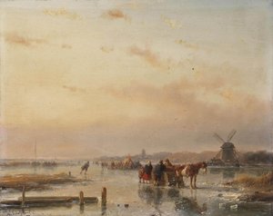 Verzameld op het ijs aan het eind van een winterse dag door Andreas Schelfhout