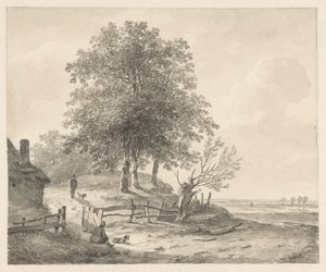 Landschap met een huisje op een heuvel