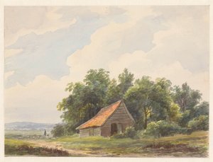 Landschap met schuur en in de verte een herder met schapen