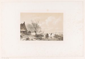 Schaatsers en man met slee op bevroren rivier