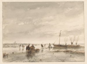 Winterlandschap met bevroren meer door Andreas Schelfhout