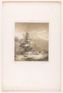Winterlandschap met naaldbomen en man met slee door Andreas Schelfhout