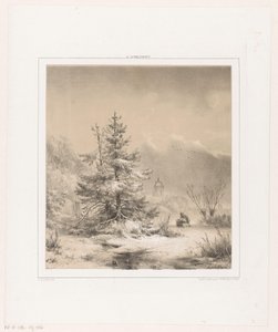 Winterlandschap met naaldbomen en man met slee
