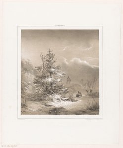 Winterlandschap met naaldbomen en man met slee