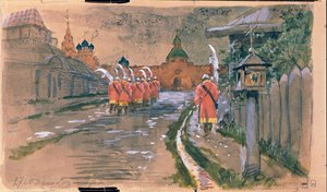 Patrouille van strelets bij de Ilyinsky-poort in het oude Moskou door Andrei Petrovich Ryabushkin