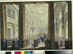 Feest gegeven door keizerin Catharina II van Rusland (1729-1796) in het Winterpaleis van Sint-Petersburg ter ere van de Turkse ambassadeur.