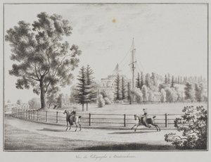 Uitzicht op het sleeënpaviljoen en de telegraaf in Oranienbaum, 1821-1822 door Andrei Yefimovich Martynov