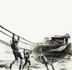 De slag om Luding Bridge (gouache op papier) door Andrew Howat