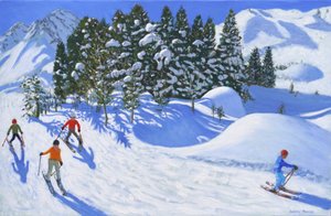 Vier Alpine Skiërs, 2024, (olieverf op doek) door Andrew Macara