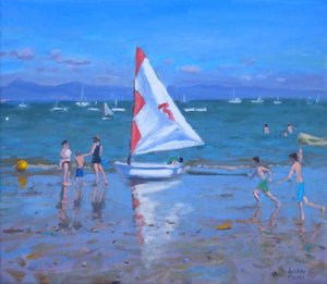 Rood-witte zeilboot, Abersoch (olieverf op doek) door Andrew Macara