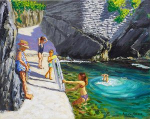 Zwemmen in het zeebad, Cinque Terre, Italië, 2024 (olieverf op doek)