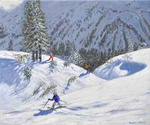 Drie skiërs, Kitzbuehel, Oostenrijk, 2024 (olieverf op doek) door Andrew Macara
