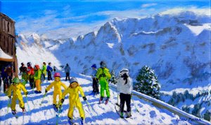 Jonge skiërs in geel, Val Gardena, Italië