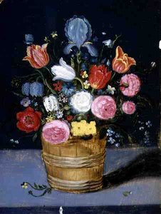 Stilleven van bloemen in een houten kuip door Andries Daniels or Danielsz