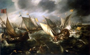 Een Nederlandse jachtrace, voor de kust van Noord-Europa, rond 1630 door Andries van Eertvelt (1590-1652)