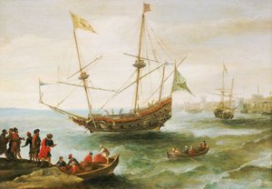 Een Algerijns schip in een haven in Barbarije door Andries van Eertvelt