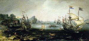 Nederlandse schepen laden een lading hout in een Scandinavisch fjord, door Andries van Eertvelt