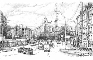 Schets van een drukke stadsstraat door Andrii Kutsachenko