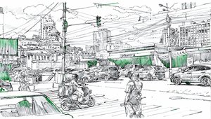 Tekening van het stadsverkeer