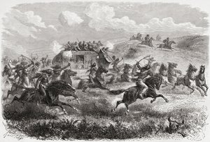 Indianen vallen een transcontinentale postkoets aan in 1867, illustratie uit 