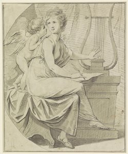 Amor inspireert een jonge vrouw, die met de ene hand een lier tokkelt, en met de andere hand schrijft door Angelica Kauffmann