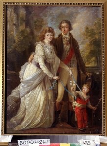 Familieportret. Een Zwitserse adellijke familie, het kind wordt vastgehouden door zijn moeder met linten. door Angelica Kauffmann