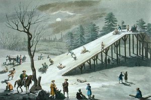 Sneeuwglijbaan in een Russisch openbaar park, begin 19e eeuw (gekleurde gravure)